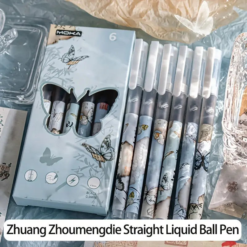 6pcs butterfly pattern quick drying neutral pens, 0.5mm fine tip, black ink - ideal choice for office use, holiday gift pen, study stationery, Christmas gifts preferred, Work Pens, Writing Pen, Rollerball Pen Set
