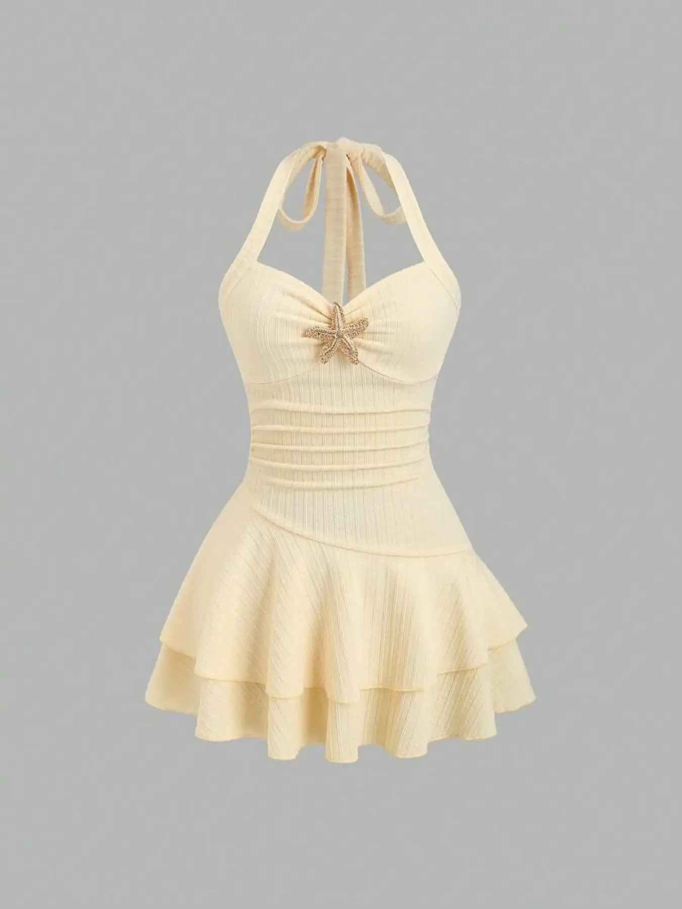 Women's New Summer Dress, Beach Vacation Style, Elegant Fabric, Halter Neck, Sleeveless, Front Pleats, Metal Decor, Layered Hem, Playful Mini Dress, Cute, Beach Party Dress