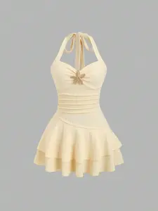 Women's New Summer Dress, Beach Vacation Style, Elegant Fabric, Halter Neck, Sleeveless, Front Pleats, Metal Decor, Layered Ruffles, Playful Mini Dress