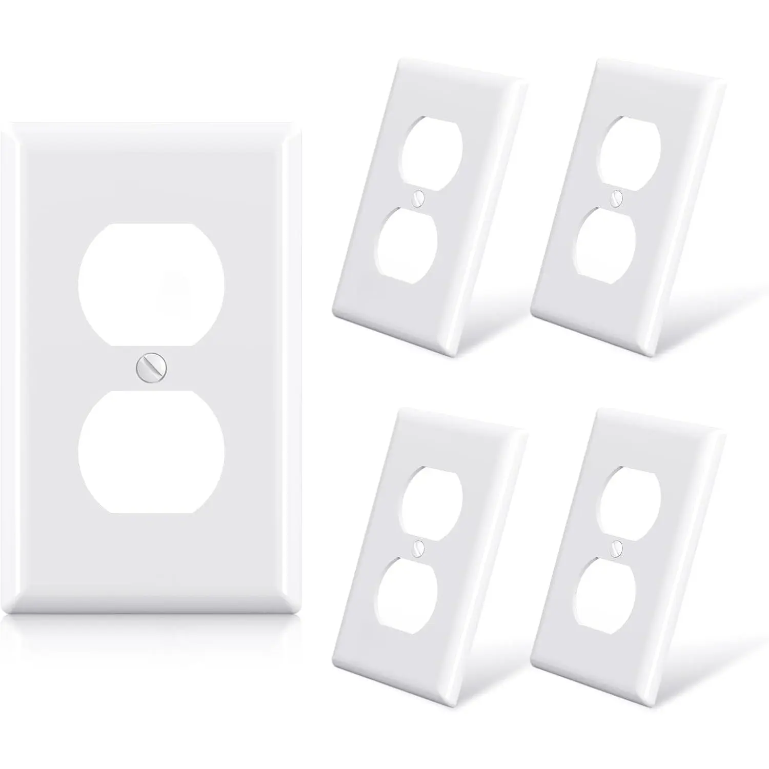 Glossy White Duplex Outlet Covers, 1-Gang Standard Size Polycarbonate Wall Plates, UL Listed, Easier to Clean, Color-Matched Mounting Screws Included (5 Pack)