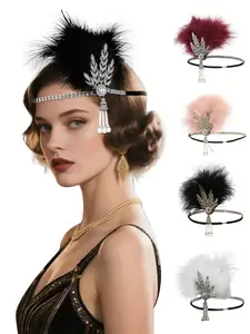 1920s Flapper Headpiece Great Gatsby Feather Headband Costume Black Sliver Rhinestone Roaring 20s Jewelry Headdress Leaf Vintage Head Chain Crystal Hair Accessories Elegant Crown Design Wedding Prom Party For Women