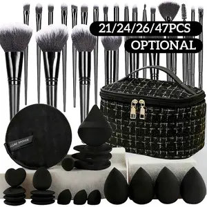 21/47 Piece Makeup Tool Set, Large Capacity Cosmetic Kit for Sensitive Skin, Flawless, Soft Nylon Brushes, Portable Design, Beauty Sponge and Powder Puff Combo, Popular Black Full Set For Internet Celebrities, Makeup Storage Bag