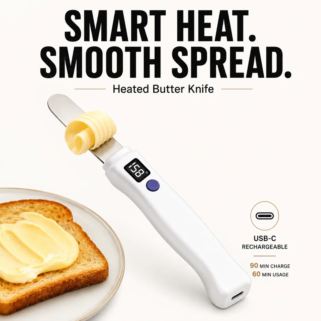 Heated Butter Knife with Digital Display, Rechargeable Electric Butter Spreader with Rounded Stainless Steel Blade for Cold Butter, Toast, Bagels and Breakfast