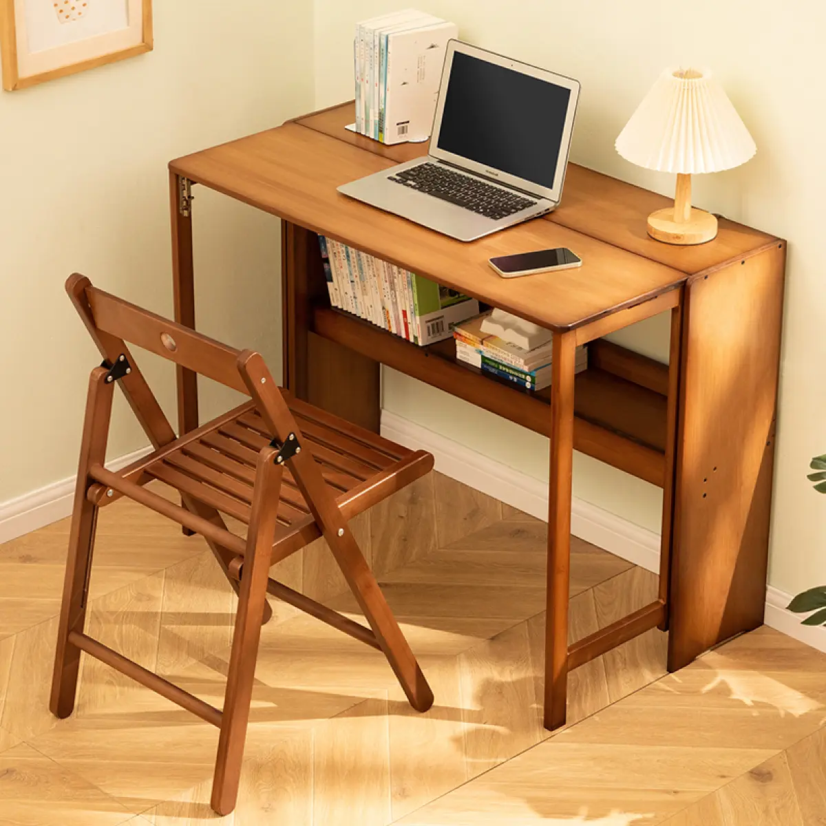 Brown Bamboo Folding Desk - Space-Saving Office Furniture for Small Spaces, WFH Setup, Bedroom, Dorm