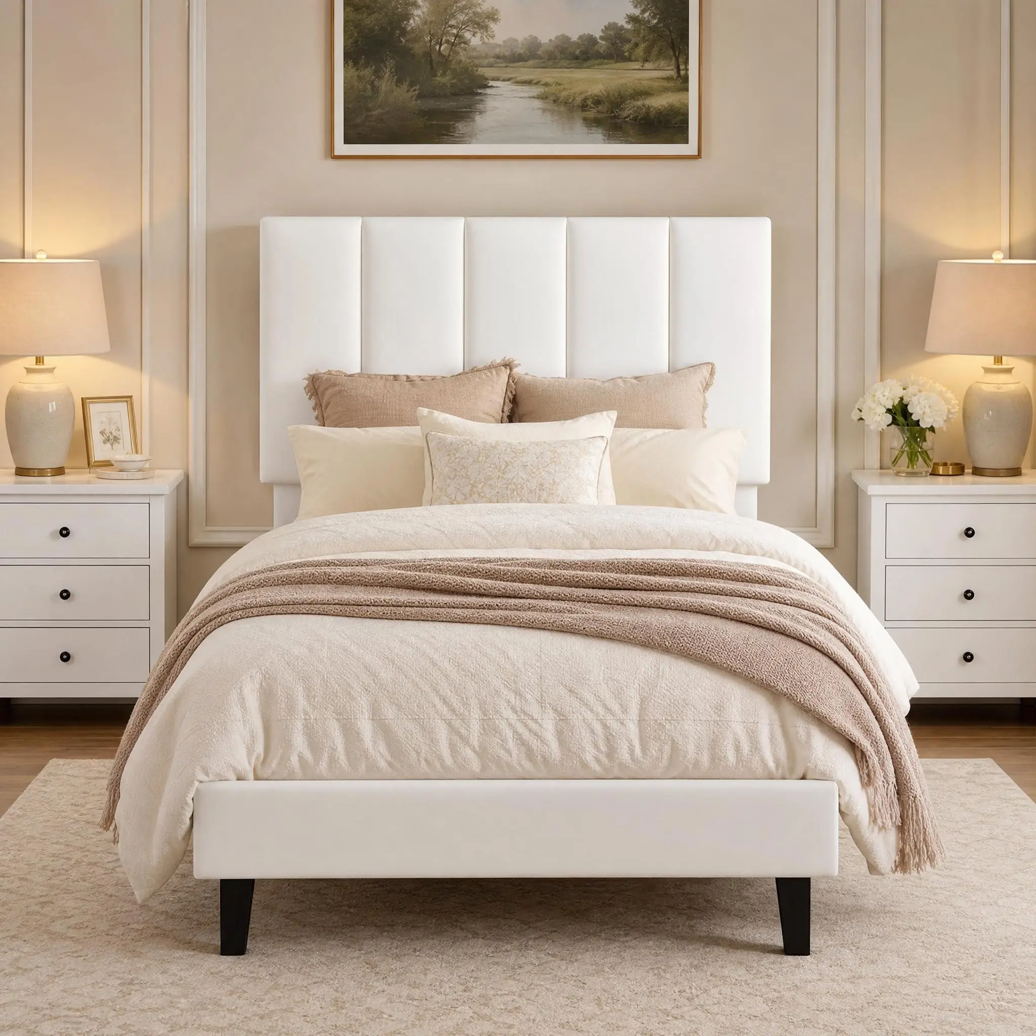 Twin Size Bed Frame, Velvet Upholstered Platform Bed with Adjustable Vertical Channel Tufted Headboard, No Box Spring Needed, Easy Assembly, White