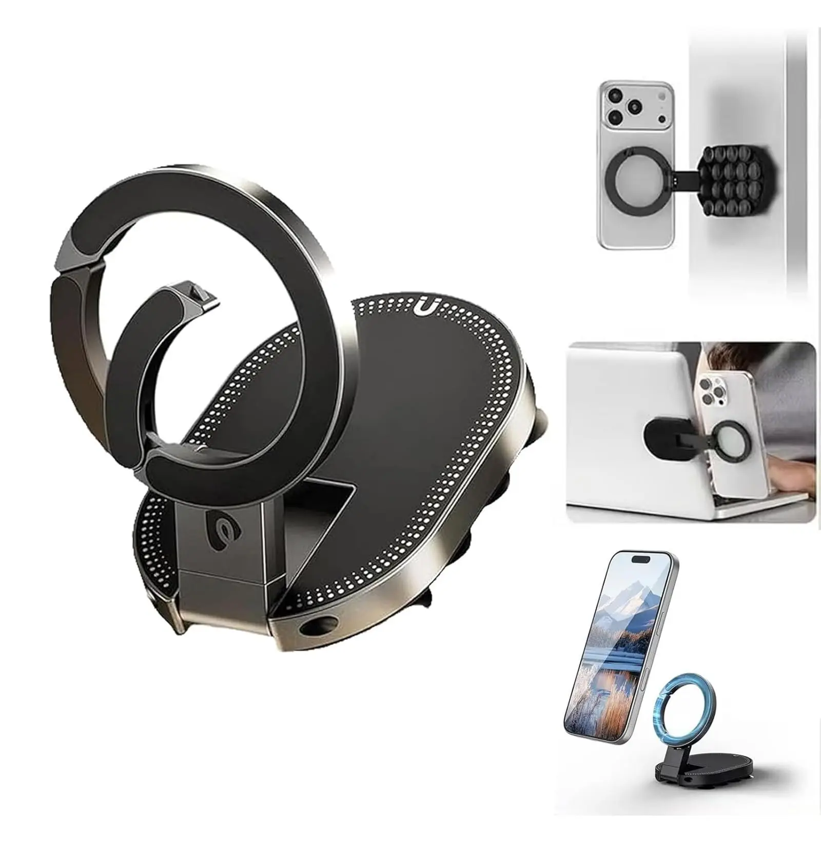 Double-Sided Suction & Magnetic Phone Holde - Foldable Hands-Free Silicone 3 in 1 Magnetic Phone Mount, 360° Rotation with 18 Strong Suction Cups for Car Dashboards Offices Kitchens (1 Pc)