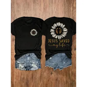 Jesus Saved My Life Flower Cross Printed T-Shirt, Women’s Casual Crew Neck Short Sleeve Top, Soft Fabric, White with Black and Gold Pattern Design