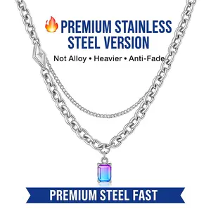 Premium Titanium Steel Double Layer Necklace – Gradient Gemstone Pendant, Unisex Y2K Chain