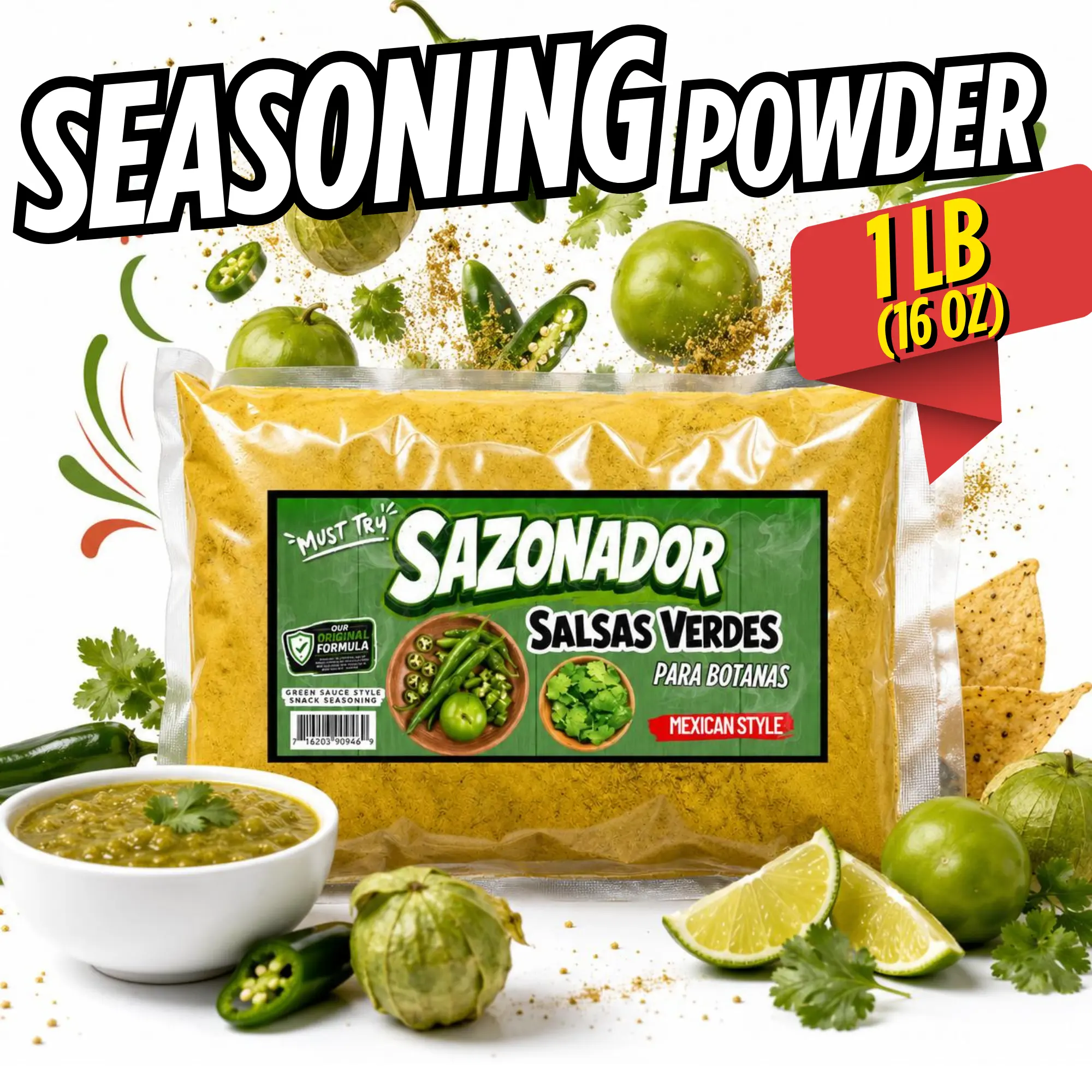Salsas Verdes Snack Seasoning Powder | Mexican Style Green Sauce Flavor for Chips, Popcorn, Fries & Beef Jerky | 1 LB