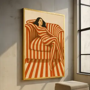 [SALE UP TO 40%][Unframe] Surreal Striped Woman , Abstract Figurative Art, Red and Beige Stripe Wall Art, Modern Home Decoration