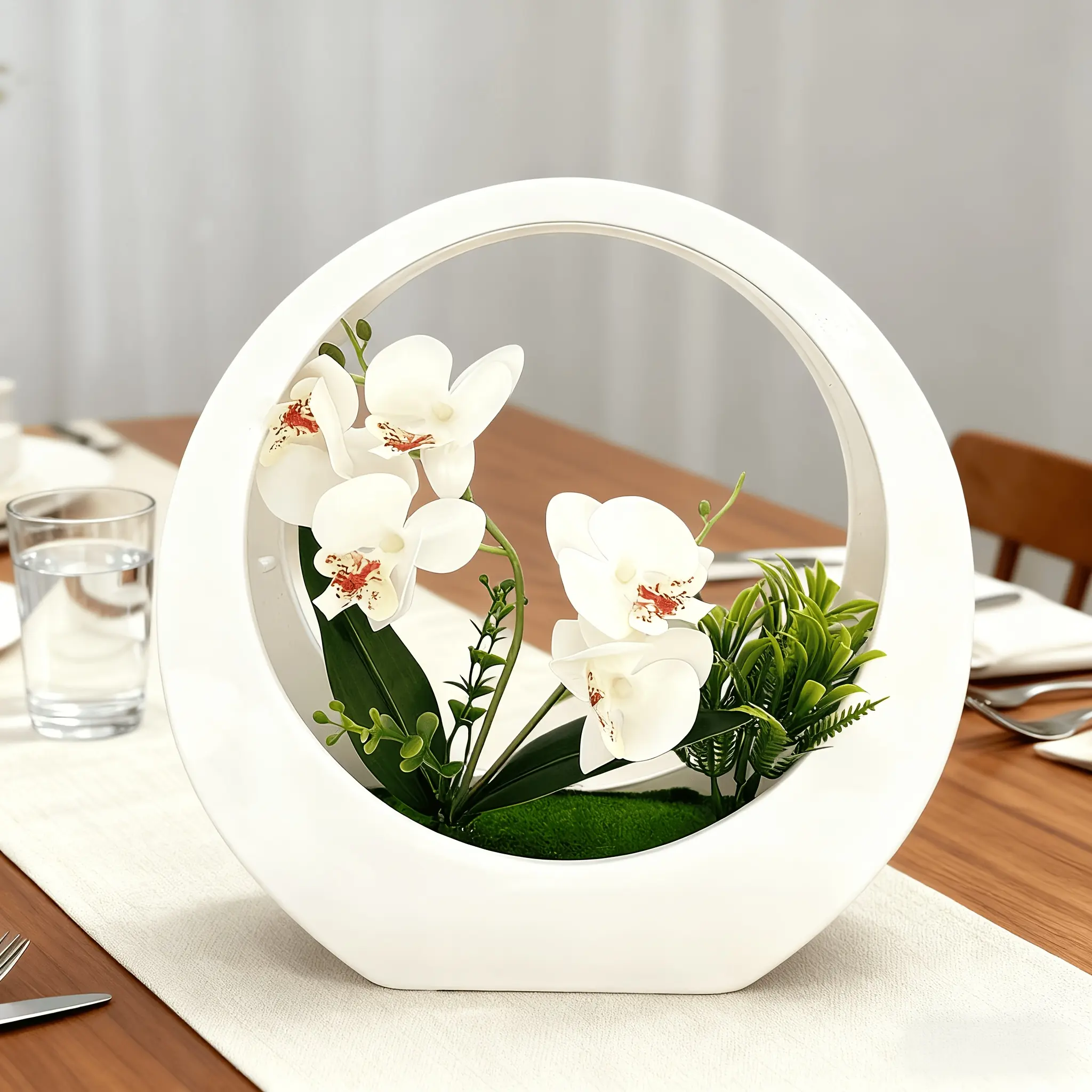 Graduation & Holiday Gift – Artificial Phalaenopsis Orchid in White Moon Planter, Realistic No-Maintenance Centerpiece for Wedding, Home or Office Desk, Decor, Faux Flowers, Fake Potted Plants, Plastic Flower Decoration