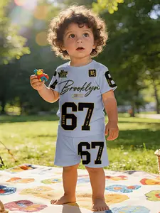 American street retro style "Brooklyn 67" printed baby short-sleeve set, casual kids' clothing for babies, suitable for daily and outdoor sports T-shirts, 100% polyester, a perfect gift for infants and toddlers, Vintage Appeal!