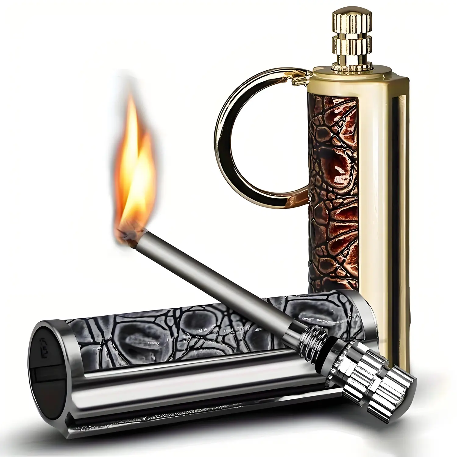 Portable Lighter Keychain Accessory - Metal Body, Waterproof Shell Shrugs Off Splashes, Refillable, 10000-Strike, Kerosene-Swab Head for Steady Flame, Side Flint Sparks On Demand, for Outdoor Camping, Emergency Use (Kerosene Not Included)