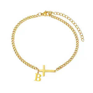 2026 New Men's Trendy Casual Bracelet, Simple Cross Charm and Letter Link Design, Fashion Bracelet for Daily Wear