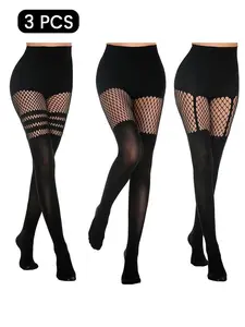 Fashion Faux Thigh High Tights for Women - Mock Suspender Gothic Pantyhose, High Waist Over-The-Knee Goth Stockings