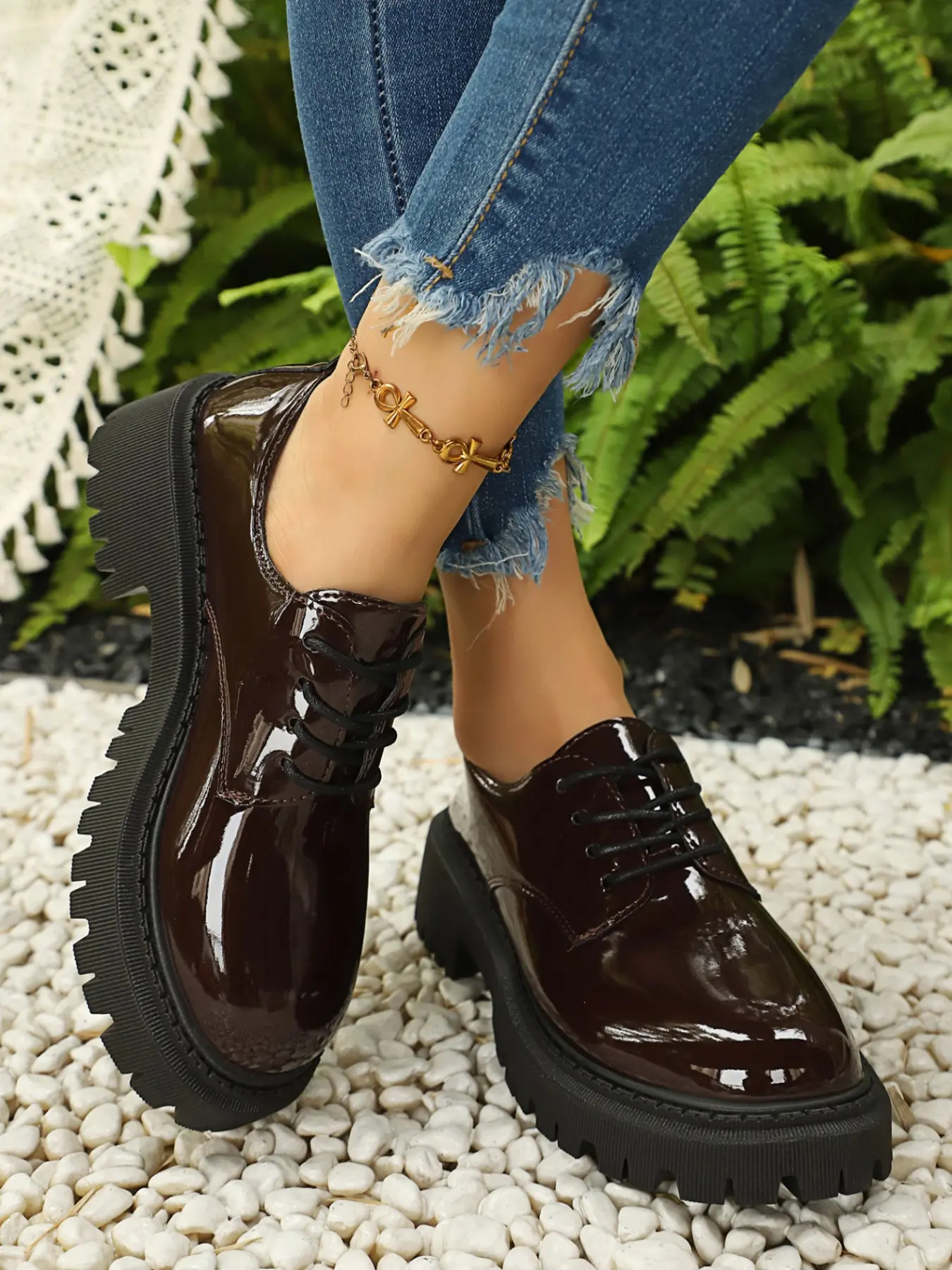 Women's Glossy Thick Sole Rubber Leather Oxford Shoes, Soft Bottom Heeled Casual Office Commuting Shoes, College Style British Style Versatile Platform Shoes, Student Commute Shoes