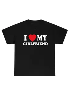 Men's "I Love My Girlfriend" Print Round Neck Tee, Regular Fit Fashion Stylish Casual Short Sleeve Graphic Tee for Daily Wear, Casual Soft Comfy Top for Summer