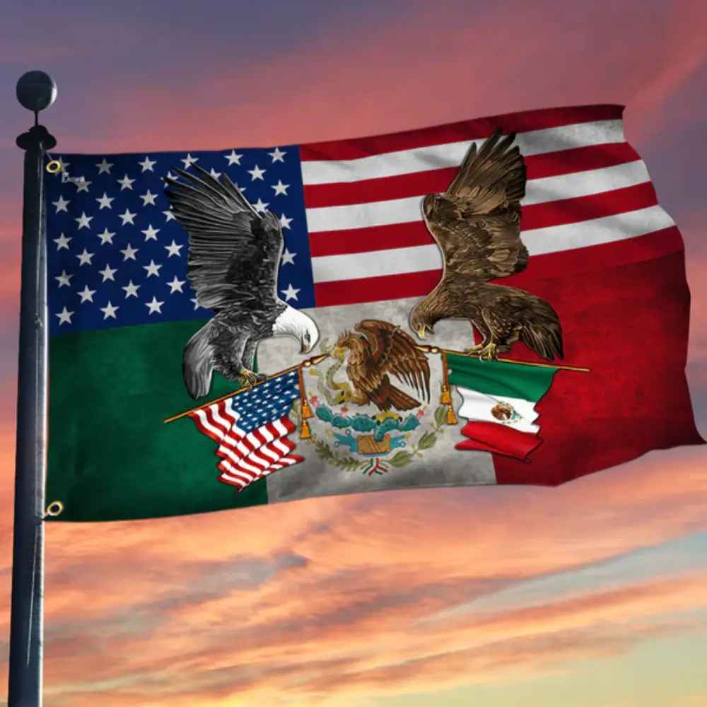 Mexican American Eagle Horizontal Flag, USA Mexico Patriotic Single Layer Flag, Outdoor Yard Banner, Hispanic Heritage Deco