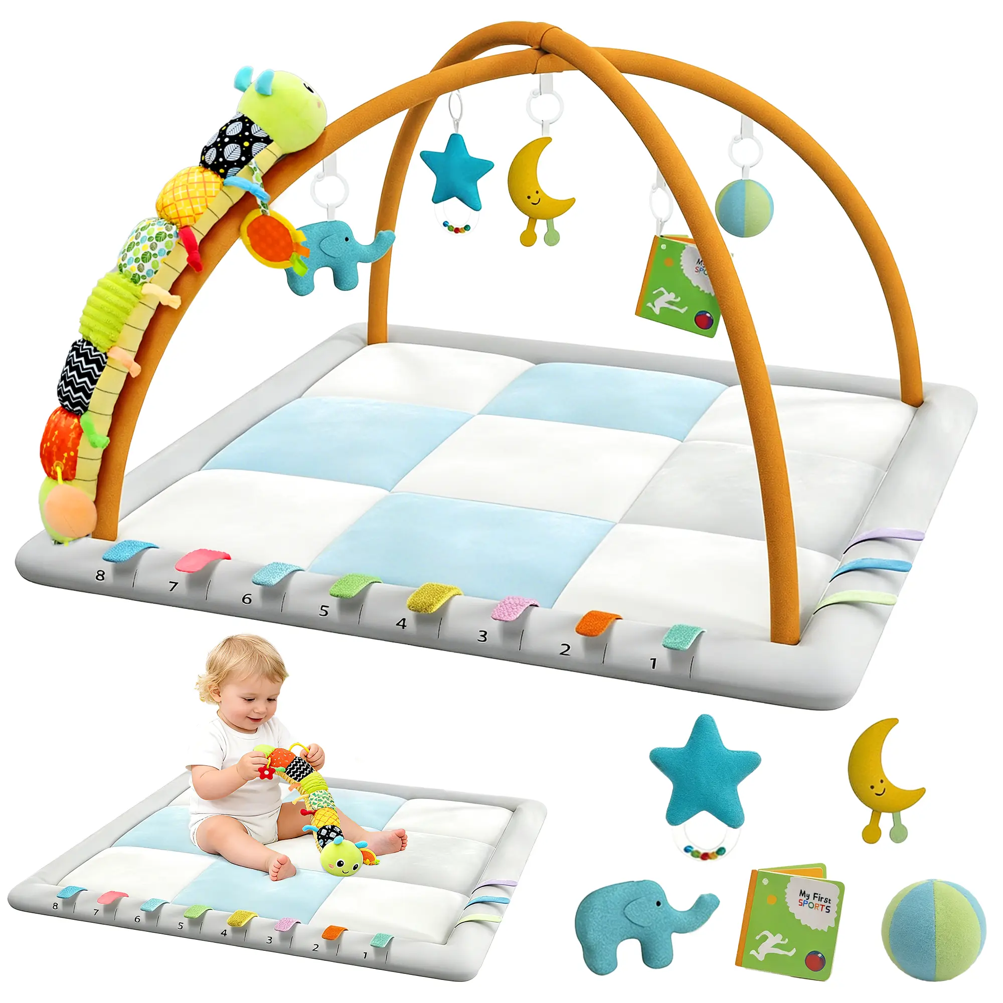 Kidmoze 5-in-1 Caterpillar Activity Playgym - Cushioned Bonded Fabric Washable Indoor Nursery Development Mat for 0-2 Years Infants, Toddler-Safe Floor Gym with Sensory Board, Music, Built-In Toys, Baby Gifts, Brain Health Support
