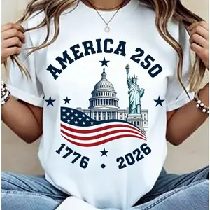 America 250th Anniversary Patriotic Graphic T-Shirt, 1776-2026 Statue of Liberty Capitol USA Flag Tee, Oversized Cotton 4th of July Top, Perfect Independence Day Gift for Her, USA Patriotic Fashion Outfit