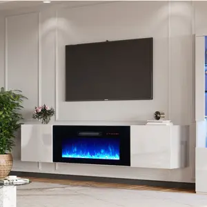 [Ships in 2 Boxes] AMERLIFE Floating TV Stand with Electric Fireplace, High Gloss Finish Wall Mounted Fireplace Entertainment Center with Storage/Best Gift Ideas/Christmas Gifts