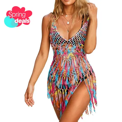 Ekouaer Women's Loose Hand-Knit Crochet Bikini Swimsuit Cover Up - V-Neck, Hollow Out, Asymmetric Hem, Tassel Trim Casual Beachwear, Crochet Bikini Coverups, Swimsuit Cover Ups