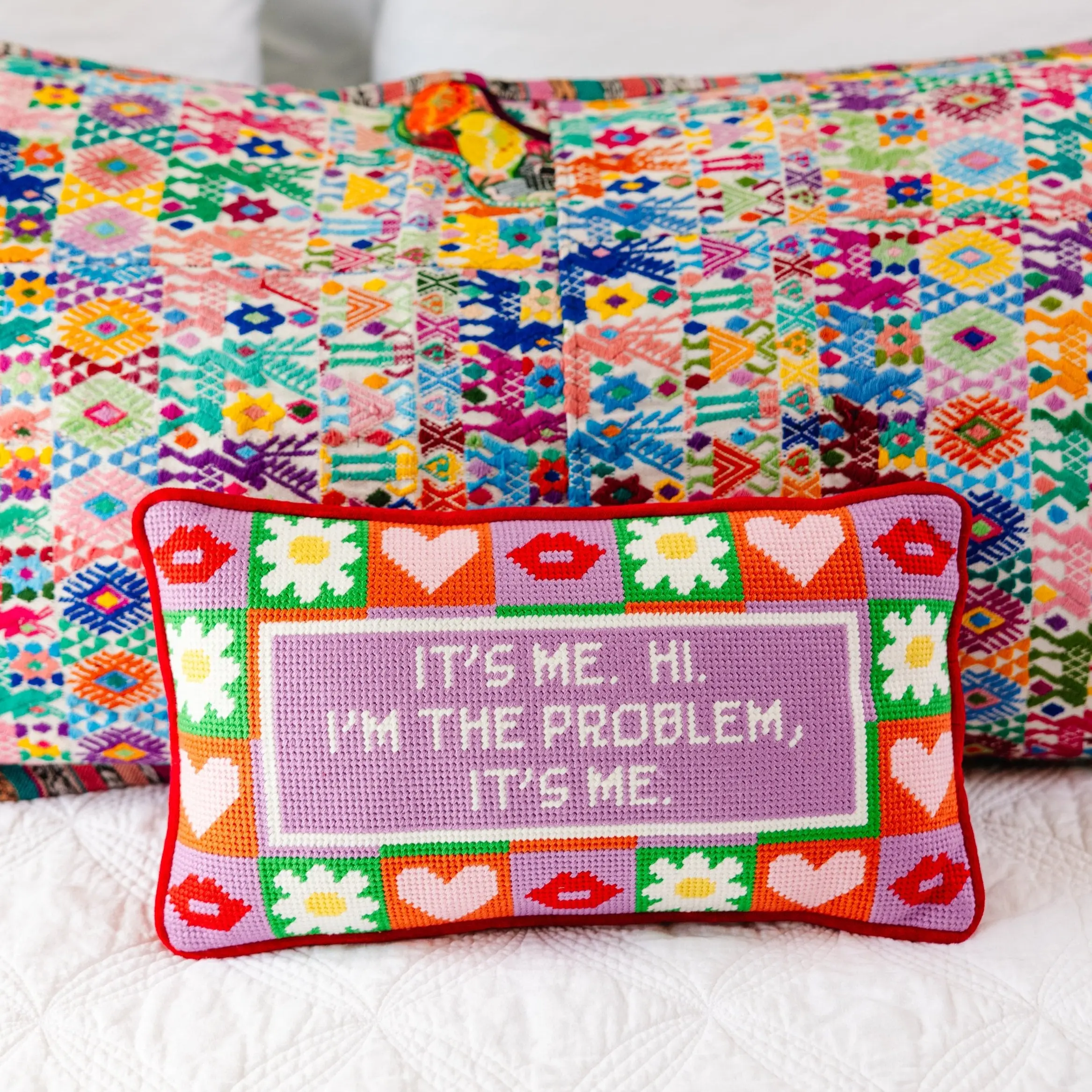 Velvet Embroidery Needlepoint Pillow with Self-Love Quote, Vibrant 8x14in Soft Furnishing for Bedding Linens