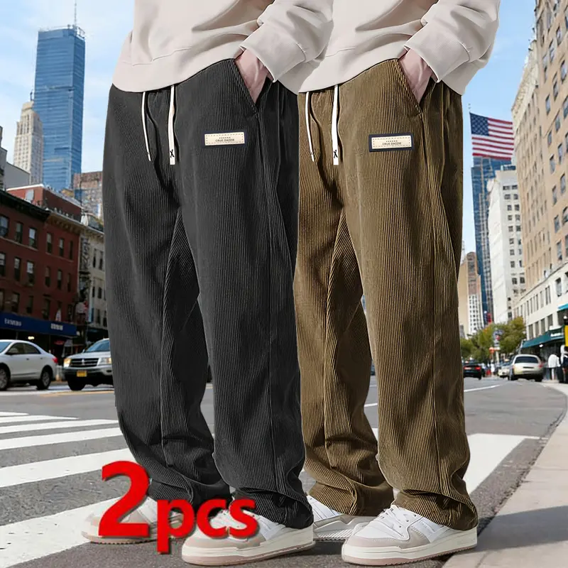 Two-piece American casual corduroy wide-leg pants unisex multiple colors drawstring design with patchwork decoration soft corduroy fabric street style easy to wear urban casual, Menswear, Stylish, Trouser, Mid Waist