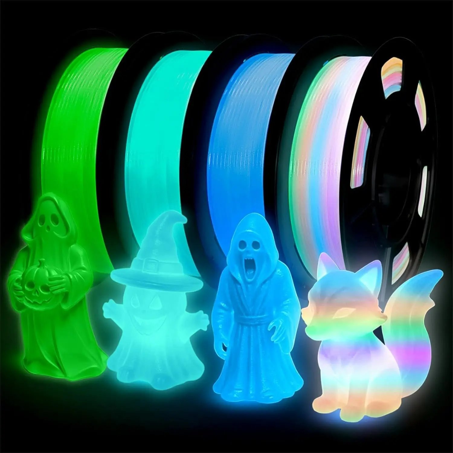 Glow in The Dark PLA+3D Printer Filament, PLA+Filament 1.75 mm, Stronger Lighting Effect, Glow Filament Multicolor for Most 3D Printers, 4 Spools 250g Each - Green, Blue, Blue-Green, Rainbow