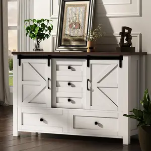 48" Farmhouse with 5 Drawers and 2 Sliding Barn Doors, White Dressers &Chests of Drawers, 5 Drawers Dresser TV Stand for Living Room, Bedroom