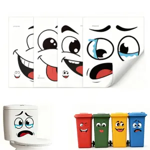 4pcs Interesting Cartoon Face Stickers, Self-Adhesive One-Time Use, Decoration for Bathroom Trash Can Refrigerator Decor, Home Decor, Decorative Sticker