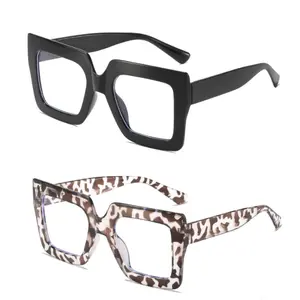 Fashion Glasses - Sleek Black & Leopard Print Frames - Clear Lenses - Back to School Essentials - Large Square Frame - 147mm Width - 144mm Temple Length Minimalist Eyeglasses
