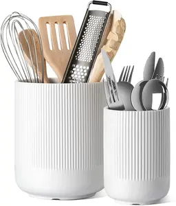 Utensil Holder, 7.3"+5.4" Ceramic Kitchen Utensil Holder for Countertop, Large Cooking Utensil Crocks for Kitchen Counter Decor, Morden Utensil Organizer for Spatula, Set of 2, White