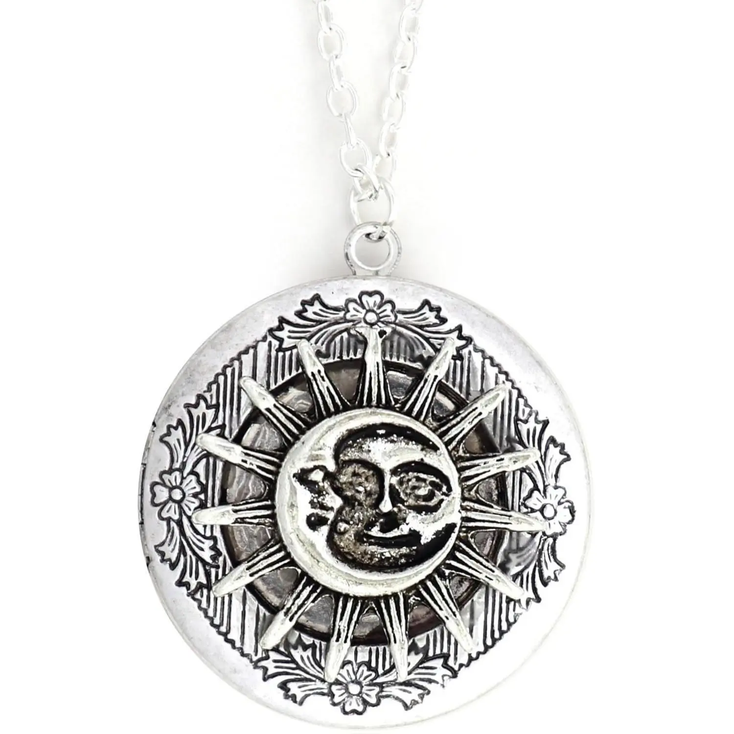 Sunburst and Crescent Moon Locket Necklace Vintage Silver Tone Lunar Solar Fashion Pendant Jewelry Retro Style 20 Inch Chain Romantic Gift