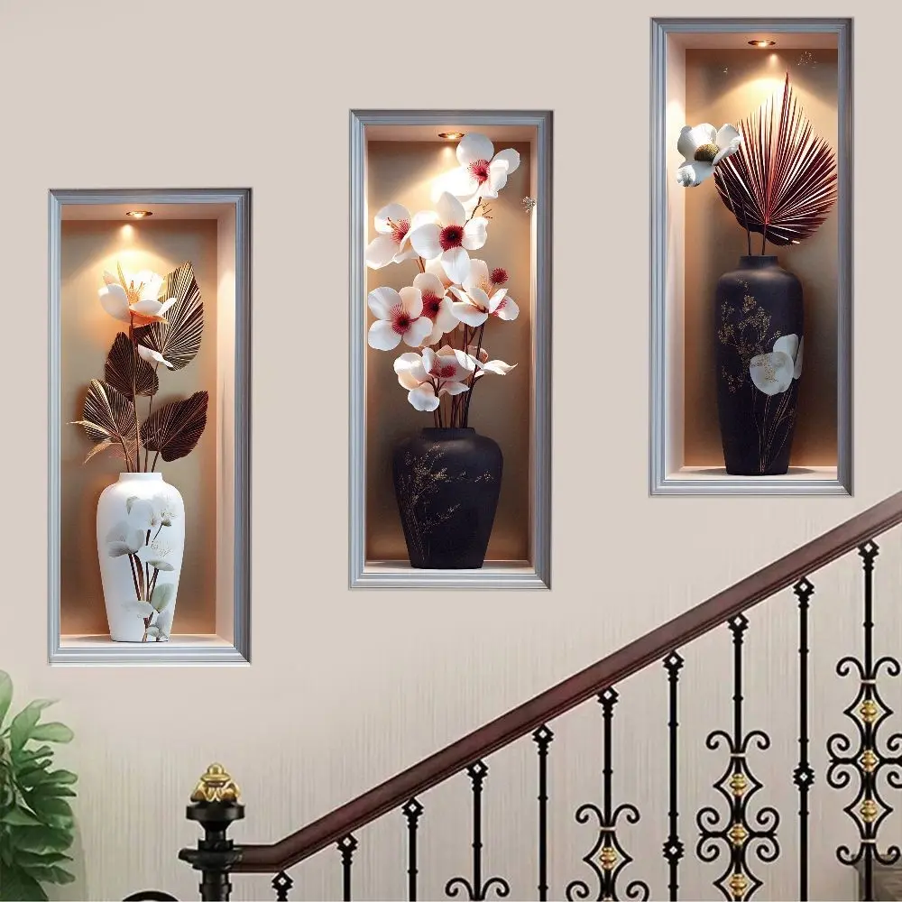 Elegant Vase Wall Stickers Set of 3, Removable Fake Niche Art Floral Plant Decor, Living Room Bedroom Office Home Decoration, Removable Wall Mural, Floral Wall Decals, Flower Wall Stickers