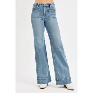 RISEN Full Size High Rise Wide Flare Patch Pocket Jeans Plus Size