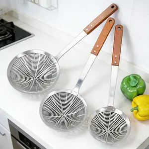 Stainless Steel Strainer Spoon for Kitchen Use, Ancient Wood Handle Design, Ideal for Frying & Dumpling Serving, Large Size Sieve Colander