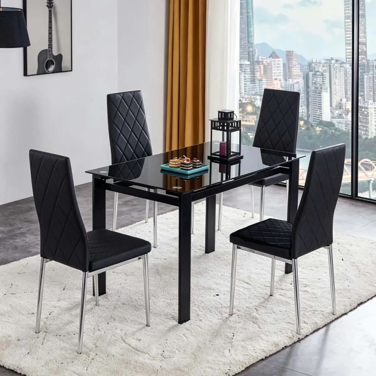【Bellemave】5 Pieces  Dining Table Set for 4,Kitchen Room Tempered Glass Dining Table ,4 Faux Leather Chairs ,Black