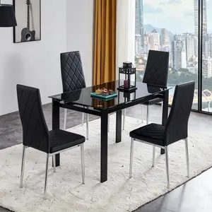 【Bellemave】5 Pieces  Dining Table Set for 4,Kitchen Room Tempered Glass Dining Table ,4 Faux Leather Chairs ,Black