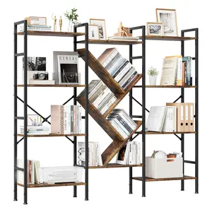 4 Tier Large Industrial Bookcase with Tree Shelves, Heavy Duty Tall Open Bookshelf with Steel Frame, Rustic Display Shelves for Bedroom Living Room