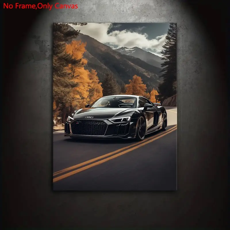 1 piece/set frameless canvas painting print poster, Unframed, classic realistic landscape vehicle art, black sports car Audi R8, gift for supercar lovers, gift for home, dormitory corridor, mural, wall decoration, room decor