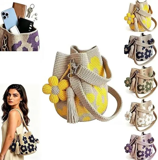 Handmade Cotton Yarn Crochet Small Feminine Crossbody Bucket Bag for Adults, Boho Floral Woven Purse with Tassel Charm, Adjustable Strap, Slip-On Design, Cottagecore Style Sports & Outdoor Gym Accessory