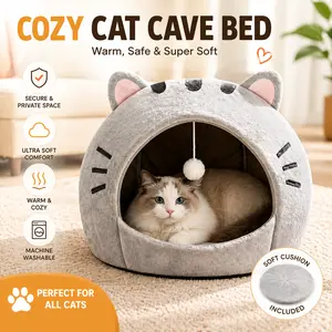 Cozy Cat Cave Bed with Fun Hanging Ball Toy - Semi-Enclosed Kitten House featuring Washable Inner Pillow, Soft & Breathable Indoor Cat Nest summervibes
