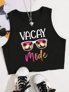 Women's Letter & Tropical Palm Tree Print Round Neck Short Crop Tank Top, Punk Fashion Casual Cute Sleeveless Top for Daily Holiday Vacation Party Outdoor Wear, Ladies Clothes for Summer