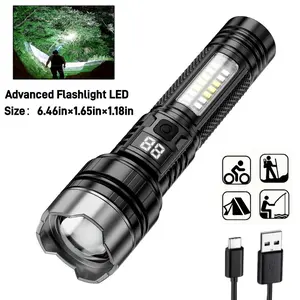 Ultra Bright Variable Zoom Tactical Flashlight Outdoor Waterproof High Lumen LED 5 Modes Battery Display Type-C Charging Rechargeable Long Range for Camping Hunting Fishing