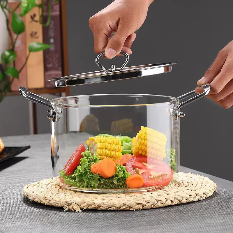 Stainless Steel Glass Pot, Cookware Pots, Kitchen Pots, High Borosilicate Heat Resistant Dual Ear Cooking Pot, Transparent Soup Pot, Crockpot for Stews & Soups