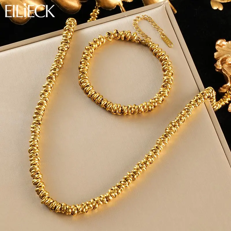 EILIECK 316L Stainless Steel Metal Gold Color Chain Necklace Bracelet Set For Women Fashion Punk Waterproof Jewelry Lady Gift