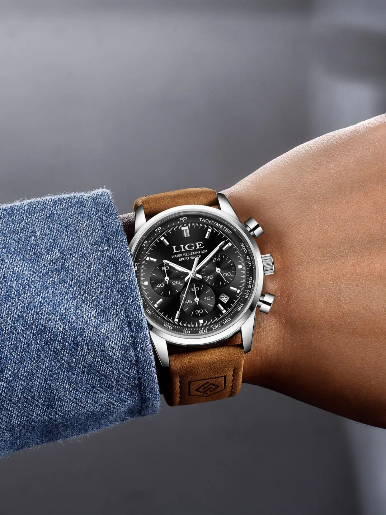 Lige Casual Gentleman Fashion Waterproof Luminous Calendar Chronograph Quartz Analog Wristwatch, Multiple Colors, Perfect Gift, Silver Color