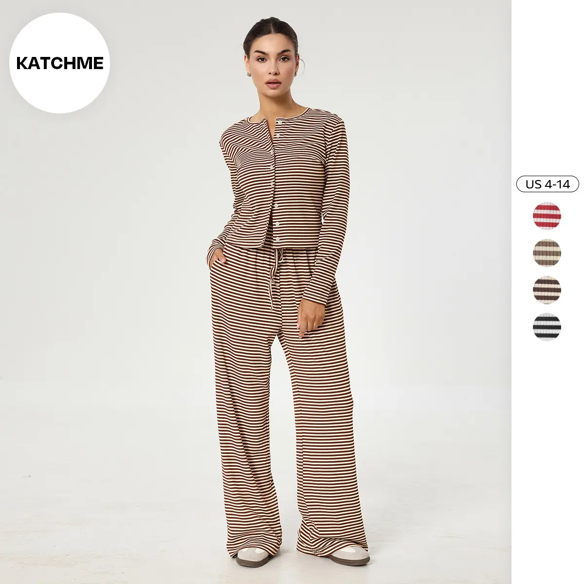 KatchMe Women's Casual Stripe Button Long Sleeve Top & Drawstring Waist Wide Leg Trousers Co-ord, Cozy Round Neck Two Piece Set for Lady Spring & Fall