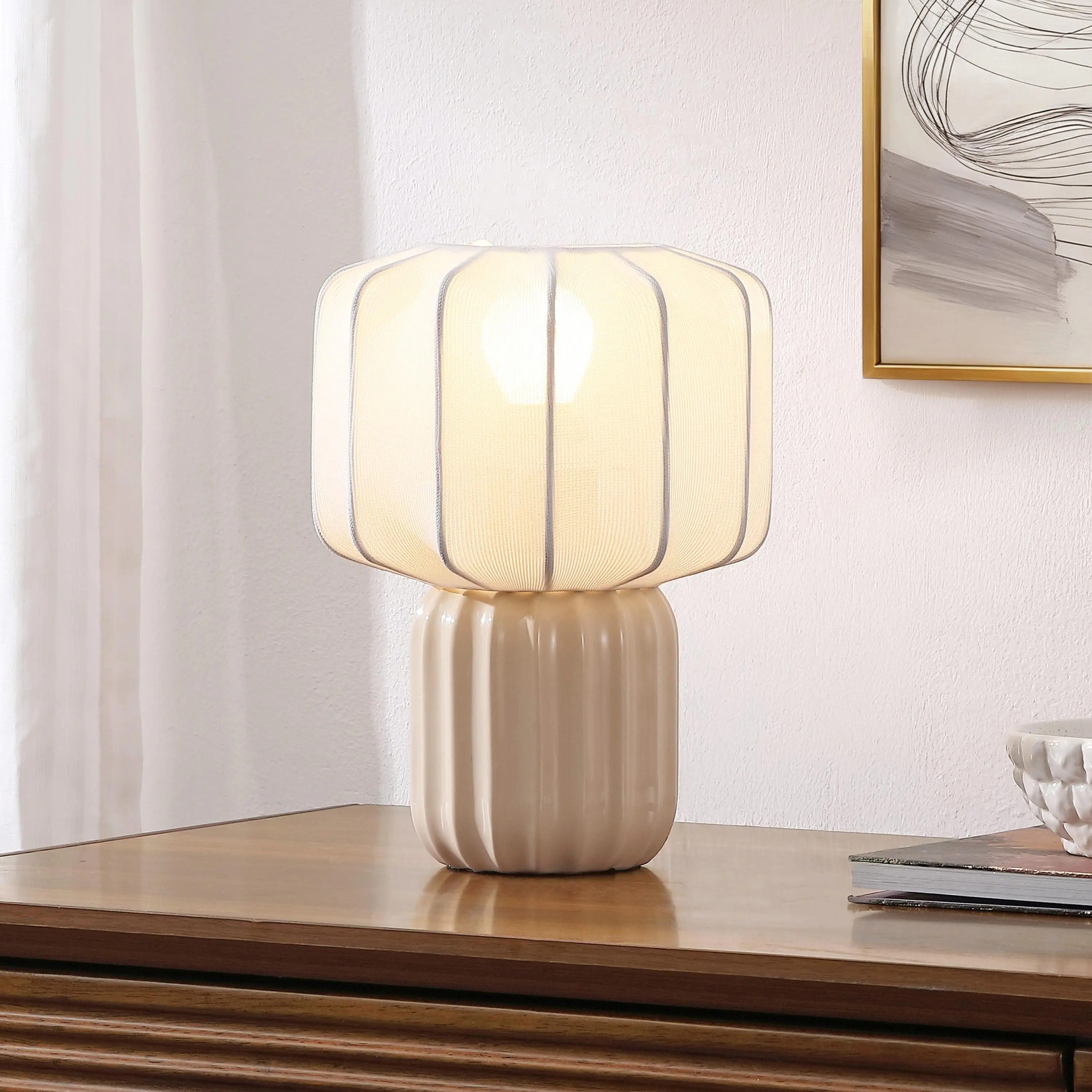 JONATHAN Y Leola 10" Ceramic Fluted Mini Table Lamp | Seamless Ribbed Cocoon Pumpkin Shade, Modern Contemporary Style, In-Line Switch, LED Bulb Included